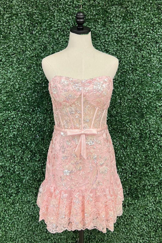 Strapless Pink Sequin Mermaid Mini Dress