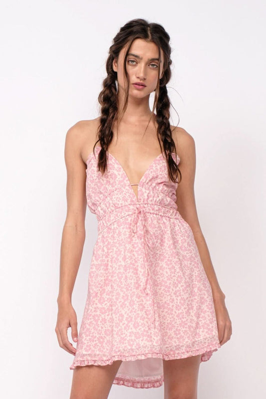Kristen Pink Floral Halter Mini Dress