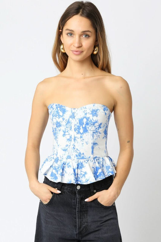 Sutton White and Blue Floral Bustier Top