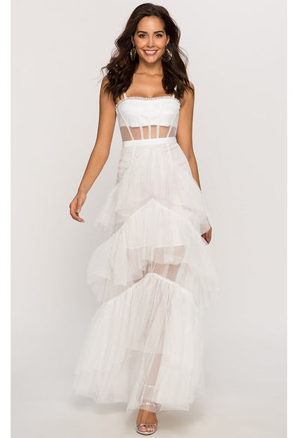 Straps Black Tulle Ruffled Long Maxi Dress