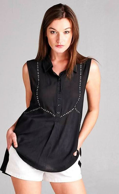 Heather Black Button Front Sleeveless Collared Shirt