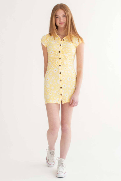 Yellow Daisy Ruched Shirt Dress